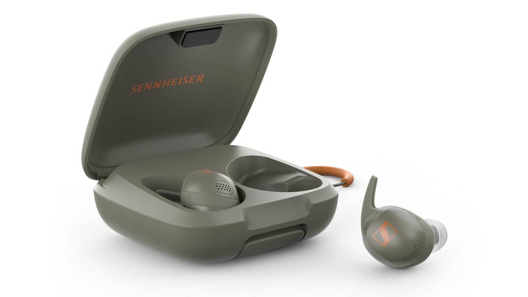Sennheiser Momentum Sport promotional image with charging case