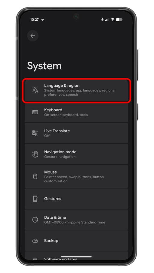Android system settings screen showing Language u0026 region options.