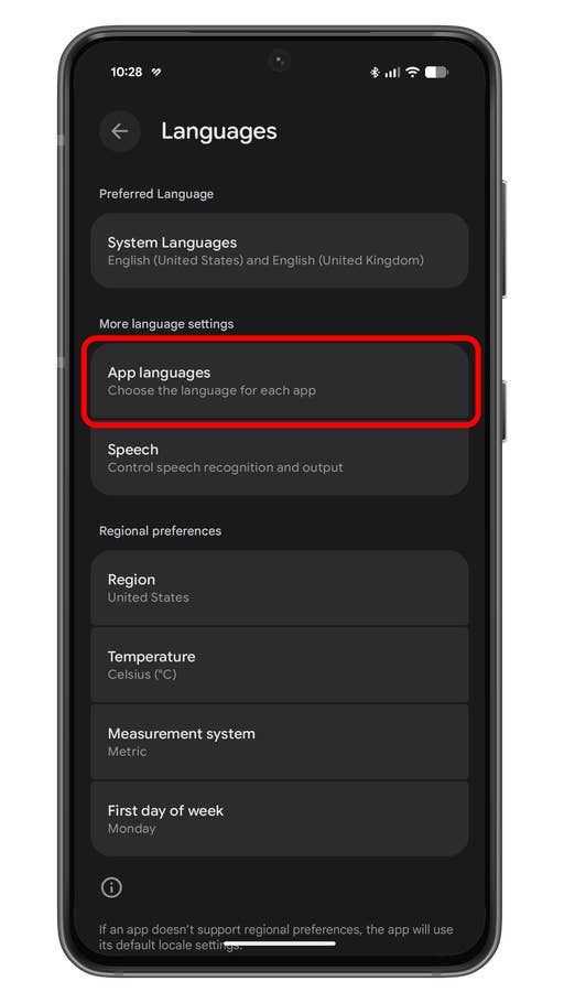 Settings menu on an Android device showing language options.