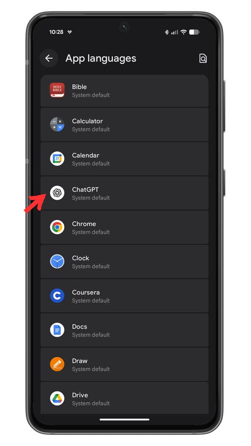 A smartphone screen displaying app language settings with a focus on ChatGPT.