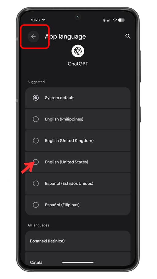 Settings screen showing app language options on an Android device.