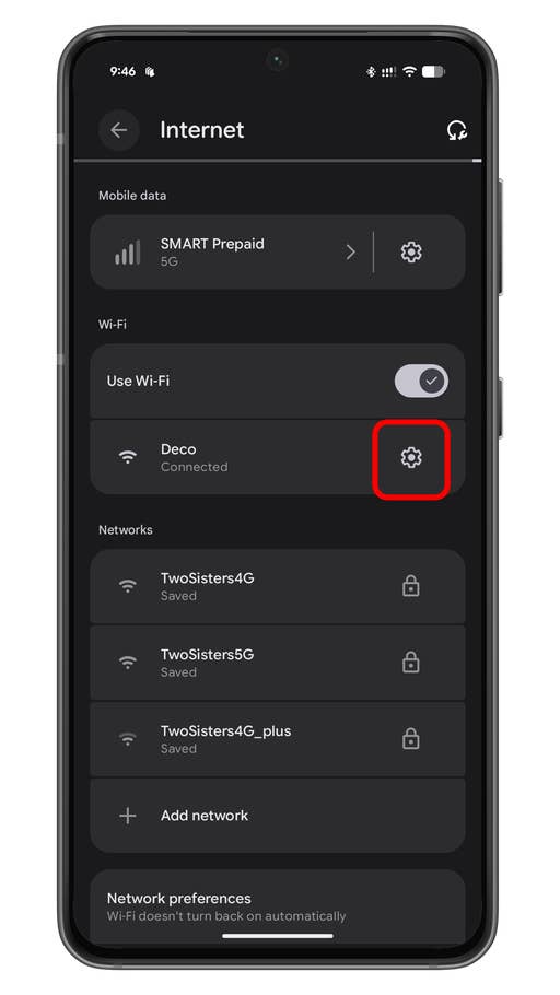 Android settings screen showing Wi-Fi and mobile data options with connected network labeled u0027Decou0027.