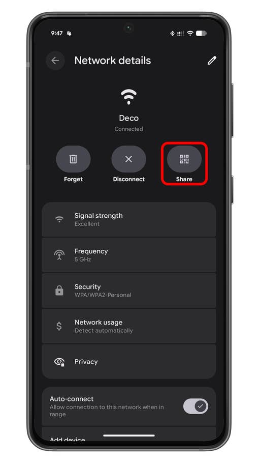 Android phone screen displaying network details with options to forget, disconnect, and share.