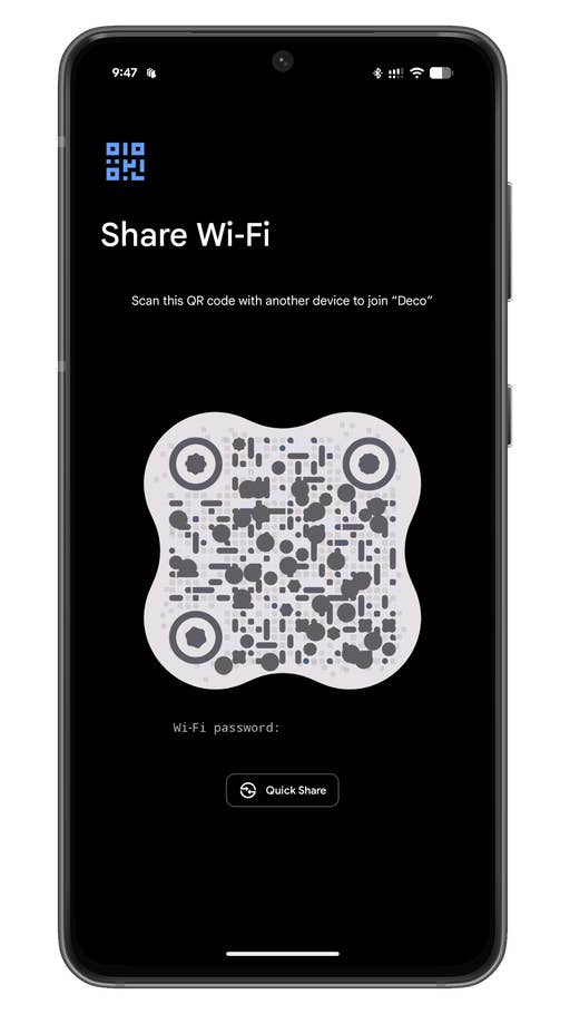 A smartphone screen displaying a QR code to share Wi-Fi. Text prompts to scan the code for network access.