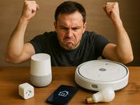 Frustrated man with raised fists, surrounded by smart home devices on a table.