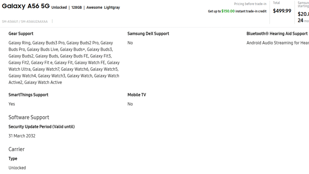 Samsung Galaxy A56 software update policy