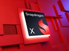 Snapdragon X processor logo on a red background with a modern design.