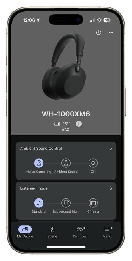 Sony WH-1000XM6 headphones interface showing 25% battery and ambient sound control.