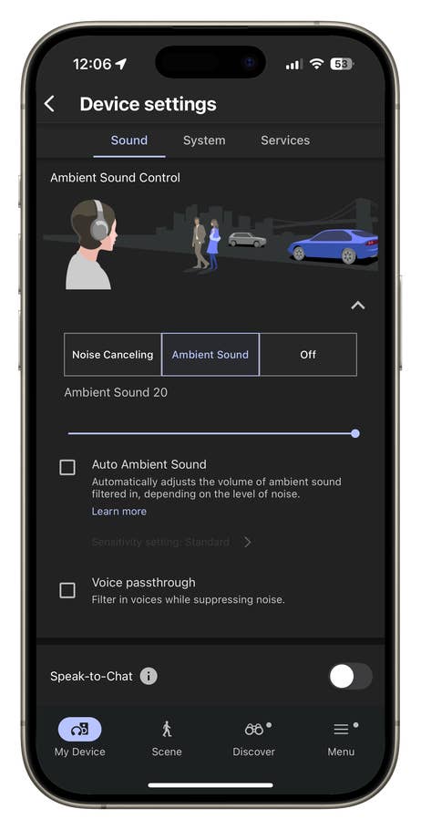 Settings screen for Sony WH-1000XM6 headphones showing options to control the ambient sound.