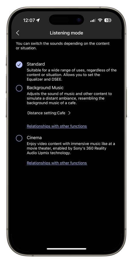 Smartphone screen showing listening mode options for Sonyu0027s WH-1000XM6 headphones.