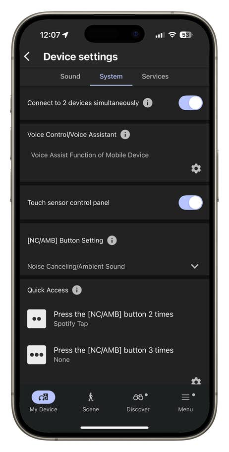 Device settings screen for Sony WH-1000XM6 headphones showing connectivity and noise cancellation.