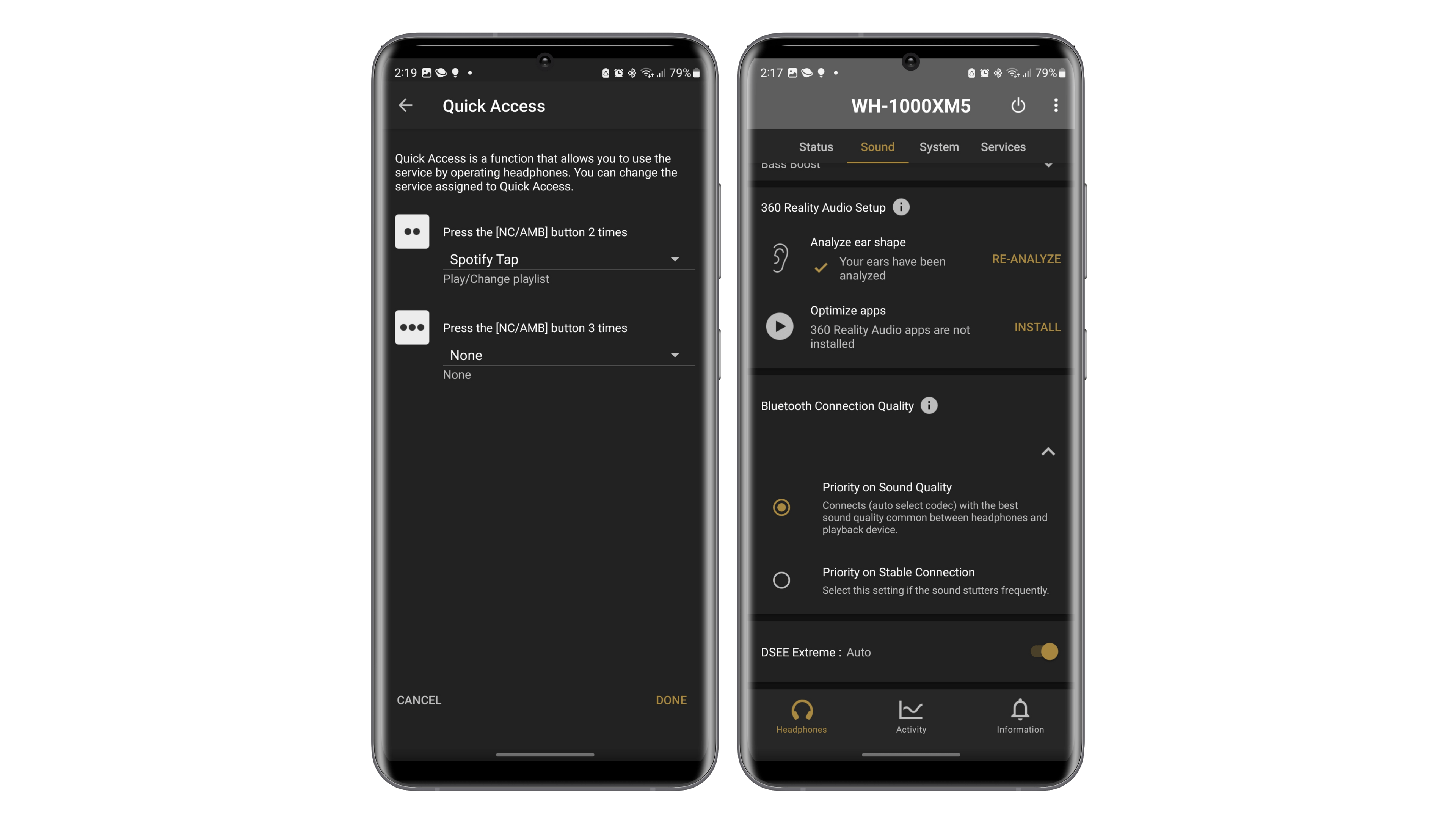 Sony WH-1000XM5 in-app screenshots showing how to customize the touch controls