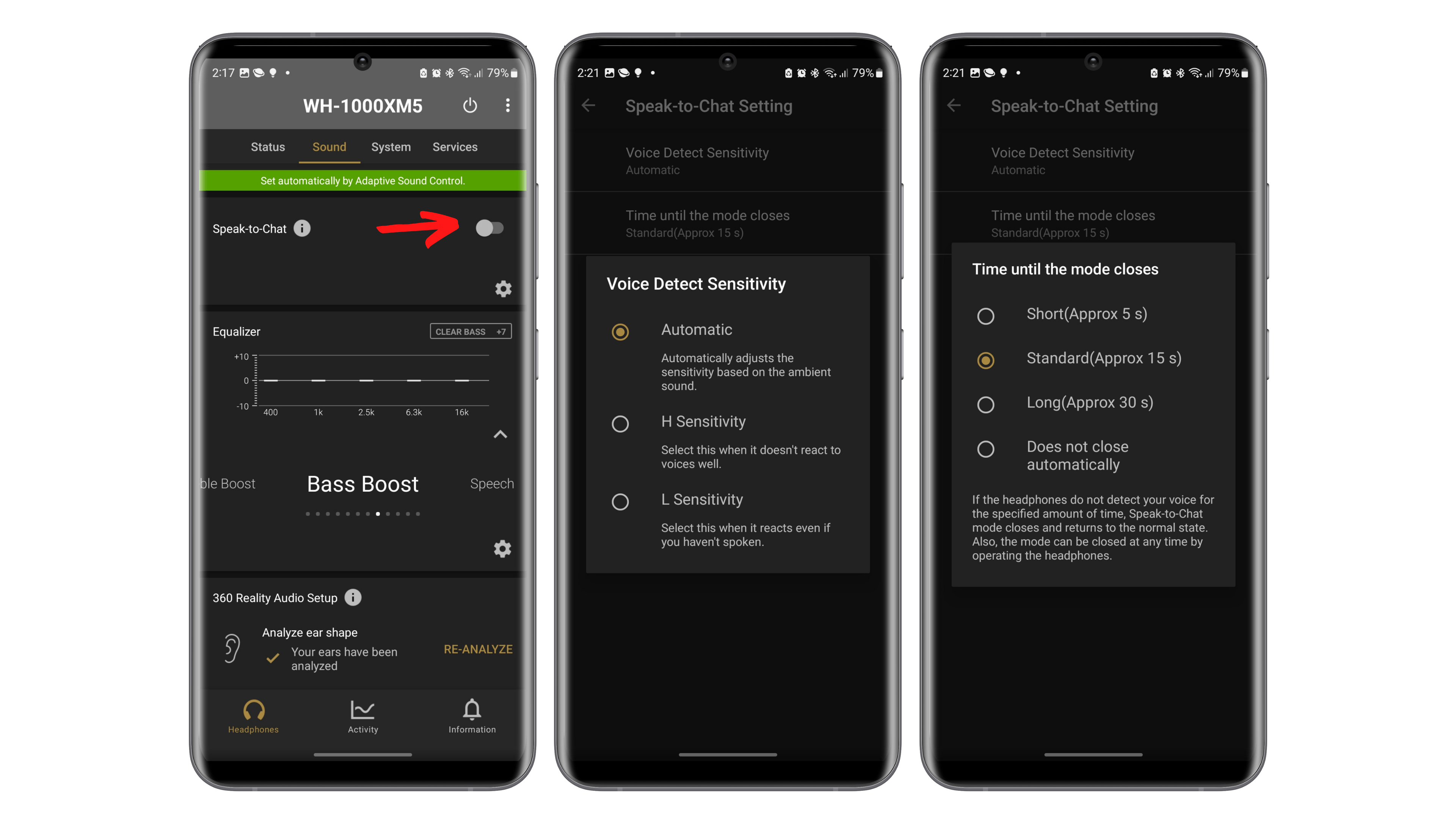 Sony WH1000-XM5 in-app screenshots displaying how to enable voice sensitivity