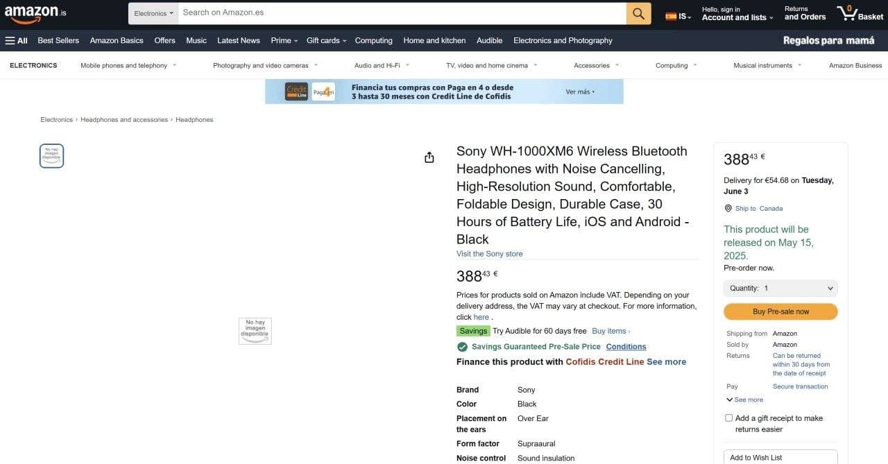 Sony WH-1000XM6 Wireless Bluetooth Headphones with noise cancelling, foldable design, and 30 hours of battery life.