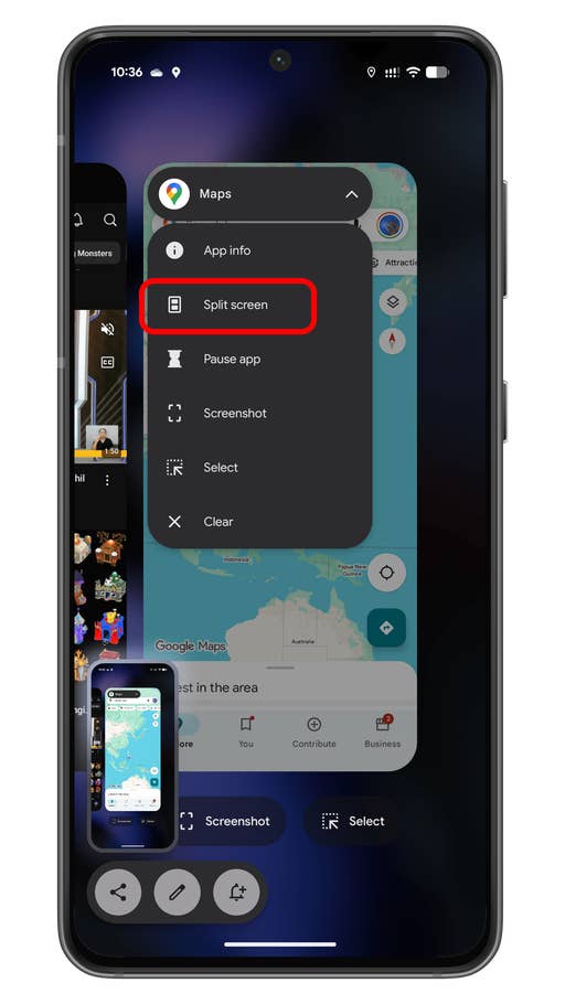 Android device displaying Maps app with a menu showing u0027Split screenu0027 option highlighted.