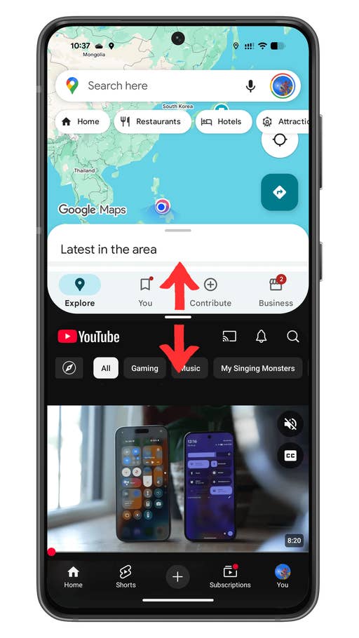 A smartphone displaying Google Maps and YouTube interface, highlighting areas in South Korea and music options.