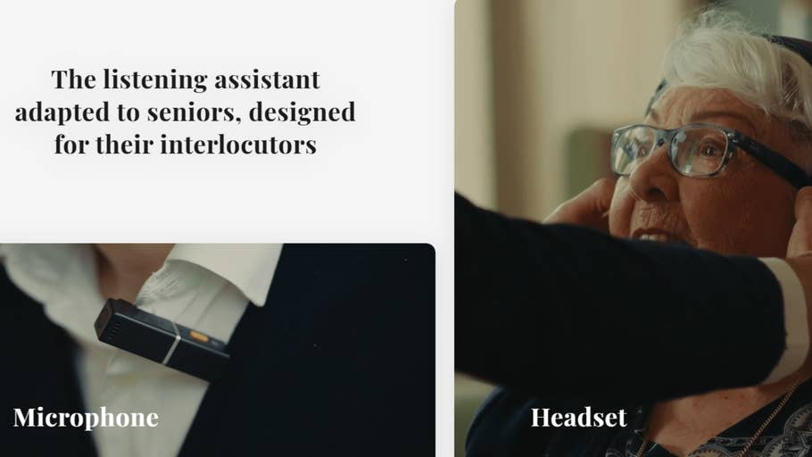 A listening assistant device for seniors featuring a microphone and headset.