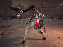 A character from Stellar Blade with long hair, wearing futuristic attire, holding a weapon in a ruined urban environment.