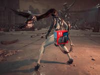 A character from Stellar Blade with long hair, wearing futuristic attire, holding a weapon in a ruined urban environment.