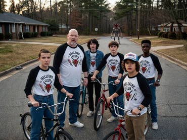 The Stranger Things gang stands with me on the street in Hawkins, with a Demogorgon lurking in the background.