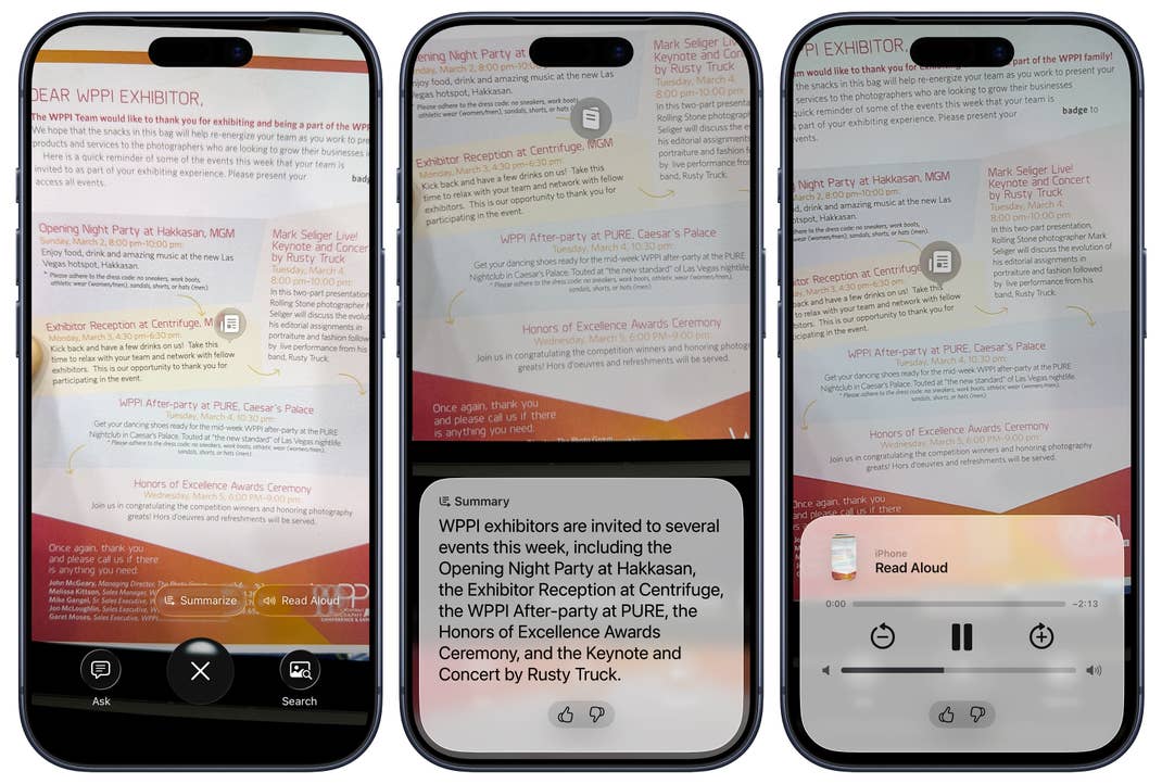 Visual Intelligence kann Texte zusammenfassen und auf Wunsch auch laut vorlesen