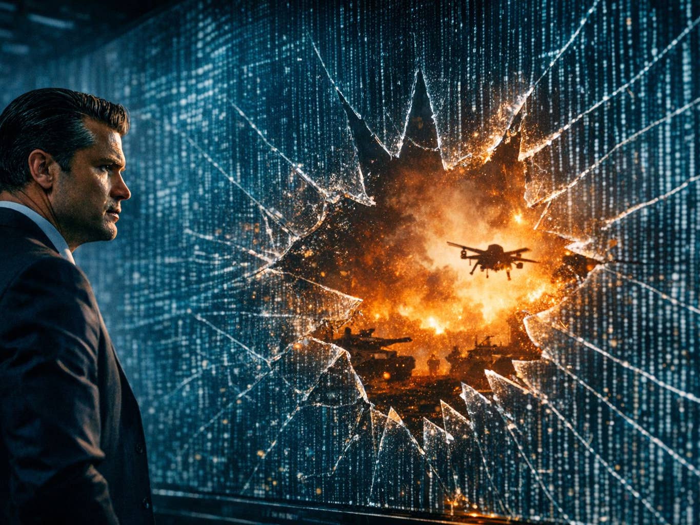 Pete Hegseth looks through the shattered glass of a giant screen at a war scene.