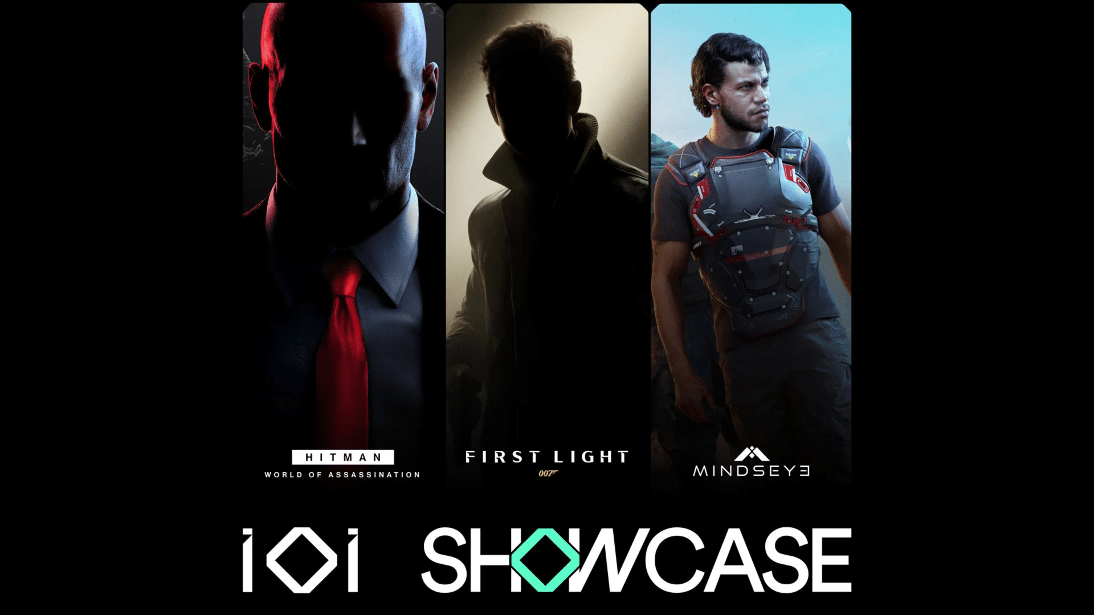 Showcase banner featuring Hitman, First Light, and Mindseye with 'IOI SHOWCASE' text.