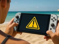 A man holding the Switch 2 on a beach.