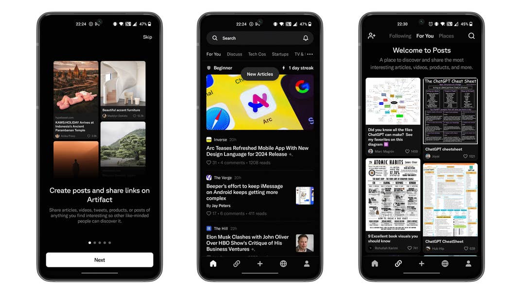 Screenshots from the Artifact mobile app for nextpit