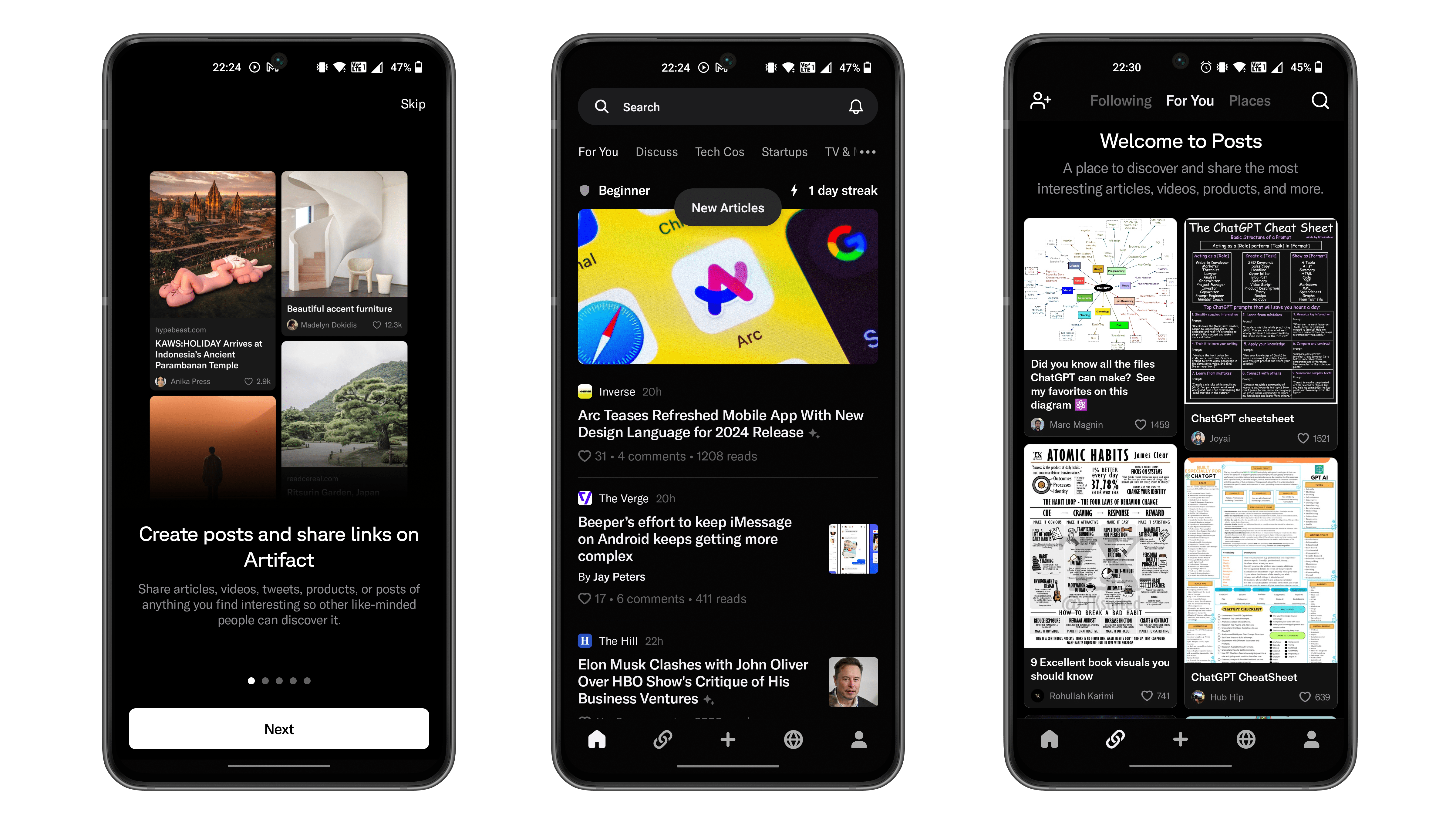 Screenshots from the Artifact mobile app for nextpit's top 5 apps list