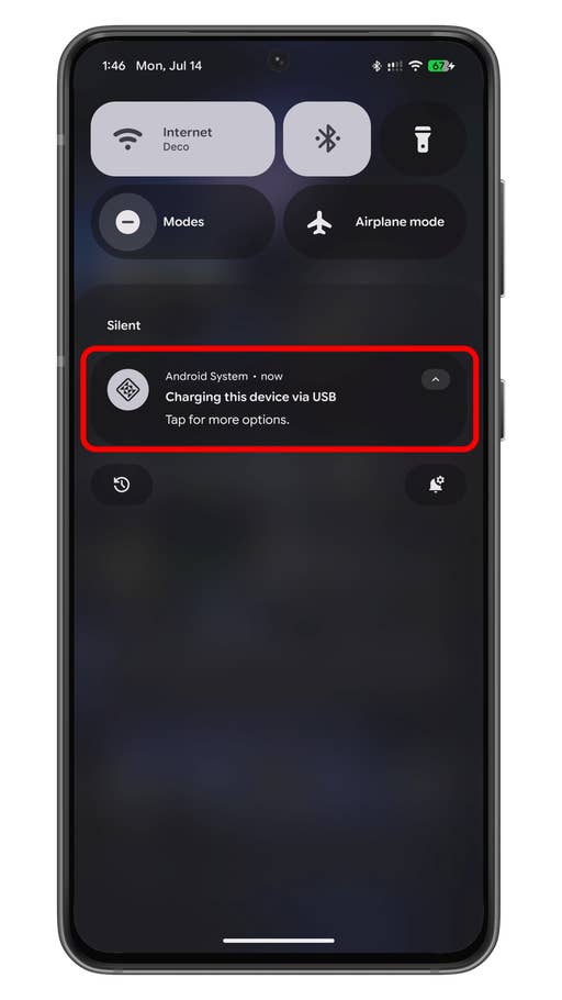 Android notification: Charging this device via USB. Tap for more options.