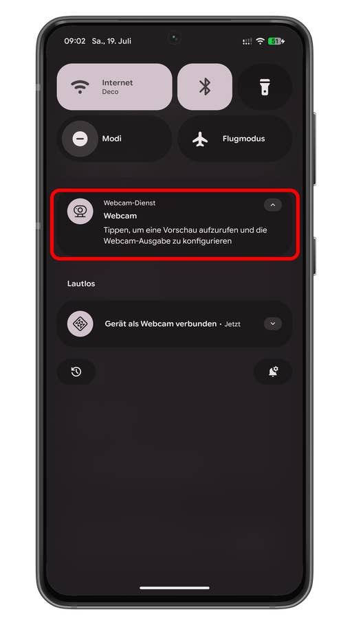 Android phone screen showing webcam service options and settings.