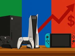 Three gaming consoles: Xbox, PlayStation 5, and Nintendo Switch, with a rising dollar sign and graph in the background.