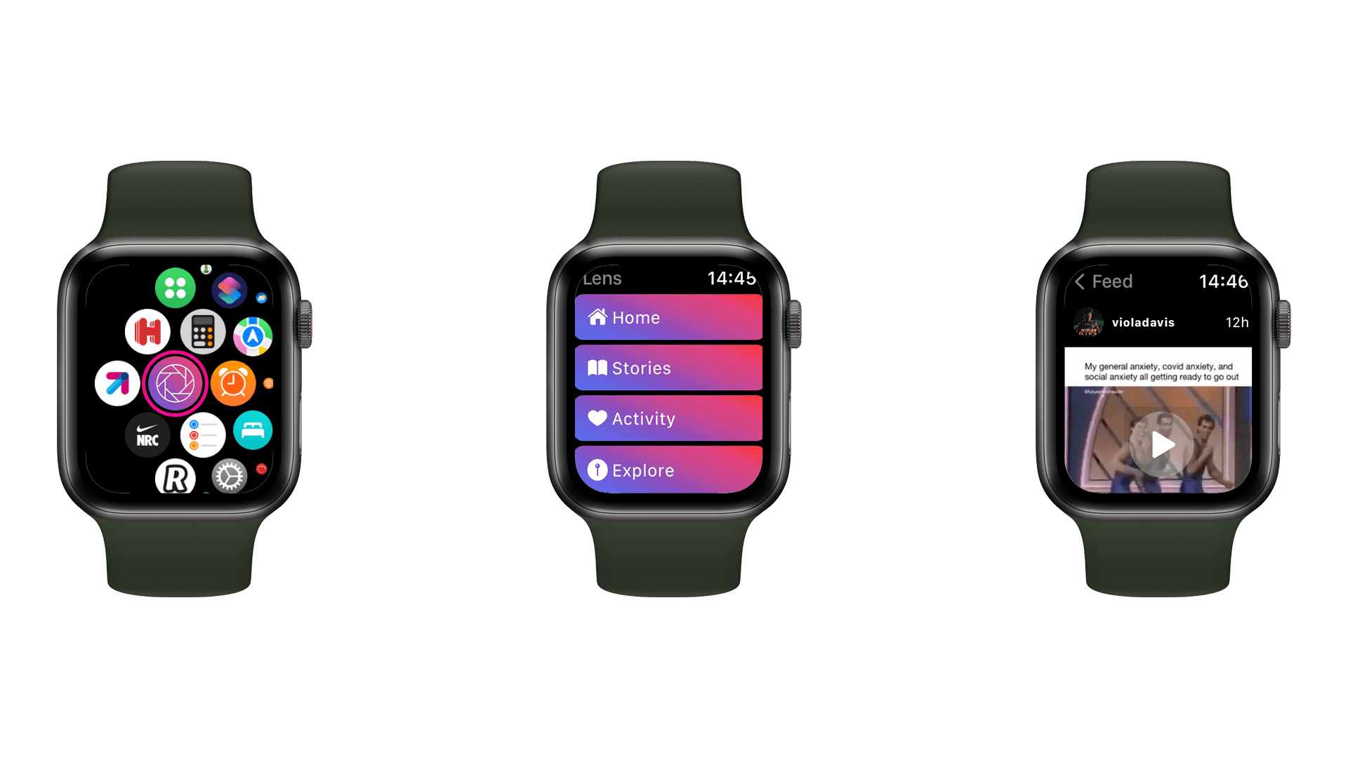 Screenshots of the Lens app for the Apple Watch. Screenshots of the Lens app for the Apple Watch.