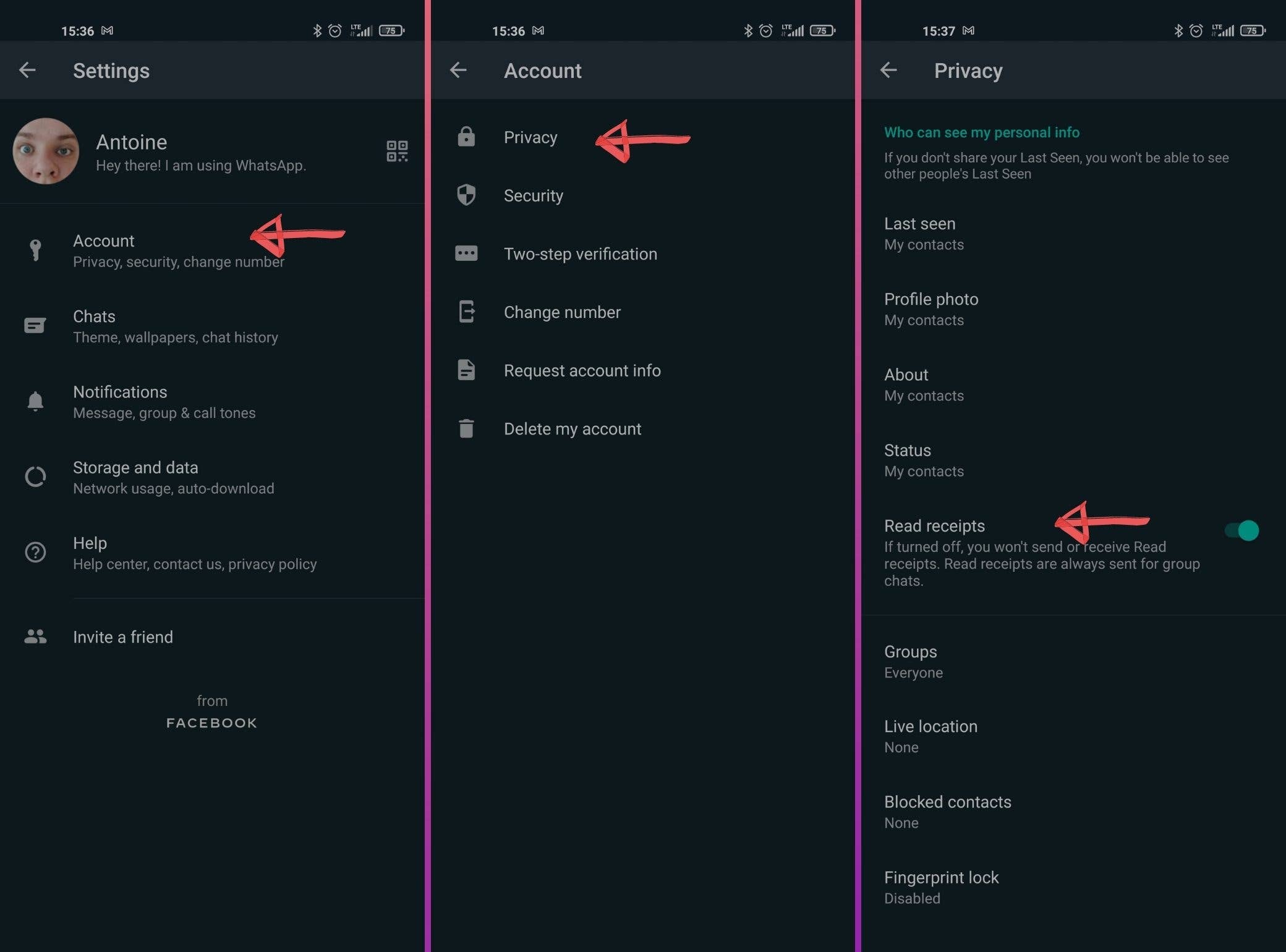 WhatsApp settings screens showing account and privacy options including read receipts.