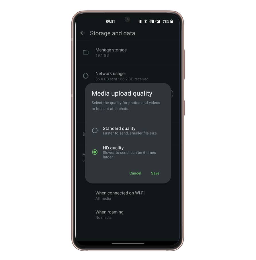 Enable HD quality photos in WhatsApp.