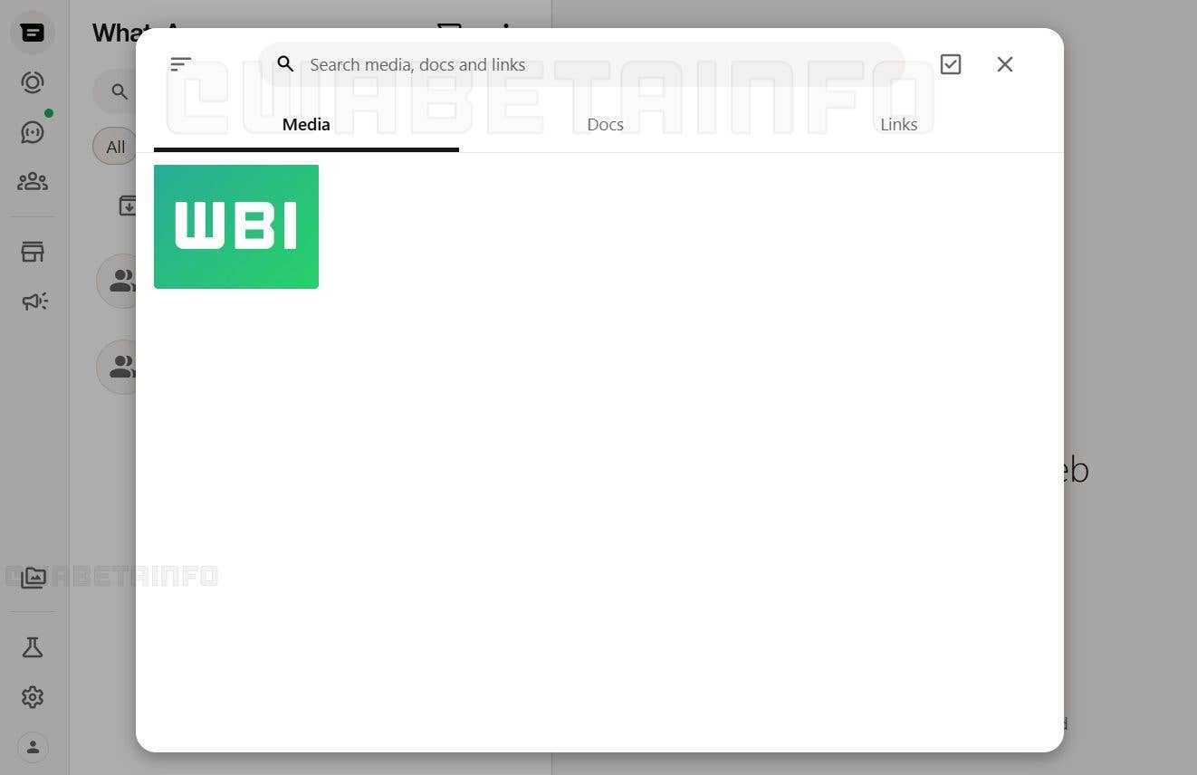 WhatsApp interface showing a media section with a green WBI logo.