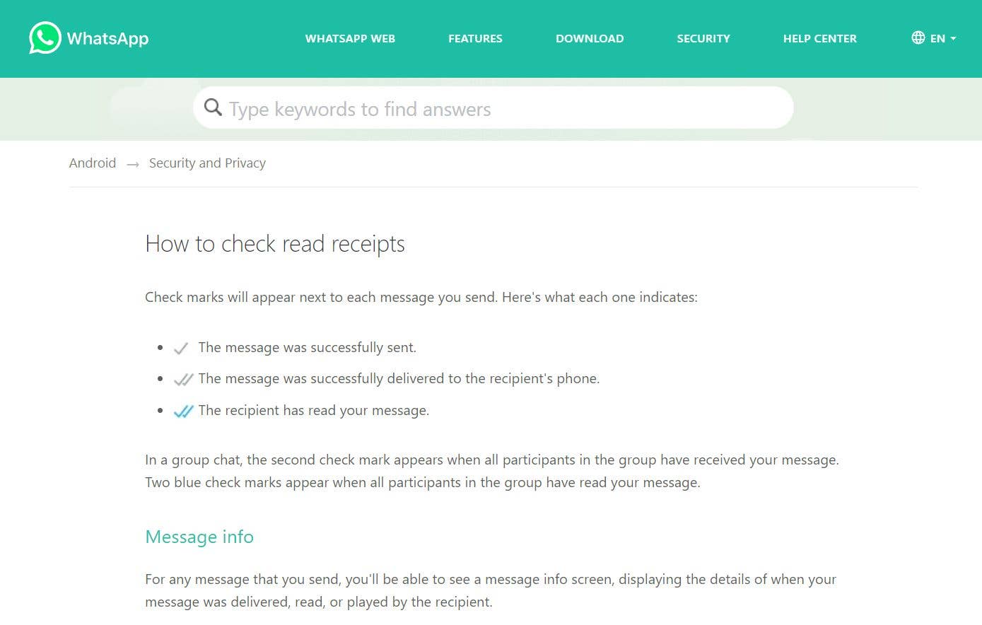 WhatsApp read receipt guide explaining message check marks.