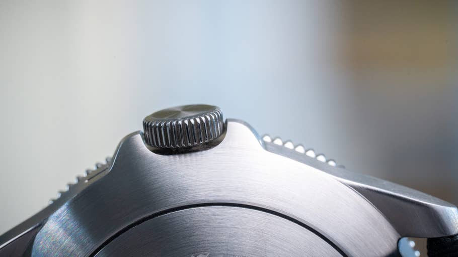 Close-up of the crown of the Withings ScanWatch Nova smartwatch.