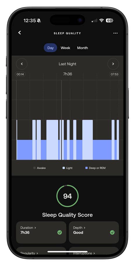A smartphone screen shows sleep quality data with a score of 94, a duration of 7h36 and its quality.