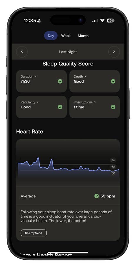 Sleep quality report with information on duration, depth, regularity, interruptions, and heart rate.