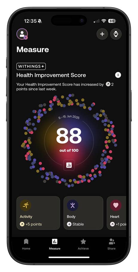 A smartphone displays the Withings app with a health improvement score of 88 out of 100.