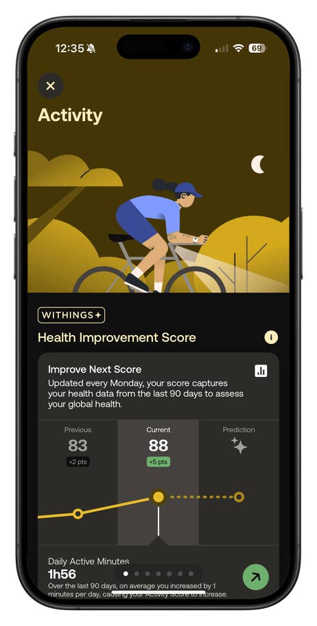 Withings ScanWatch Nova activity screen showing health improvement score and daily active minutes.