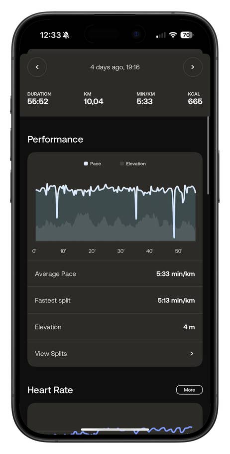 Withings ScanWatch Nova performance metrics including duration, distance, pace, and heart rate data.