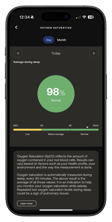 Oxygen saturation value of 98% normal on a smartphone app, with details of the measurements.