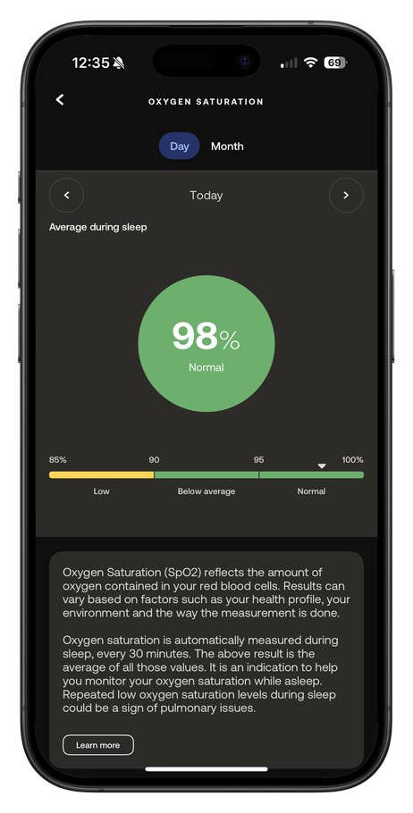 Oxygen saturation of 98% on a smartphone app, indicating normal values during sleep.