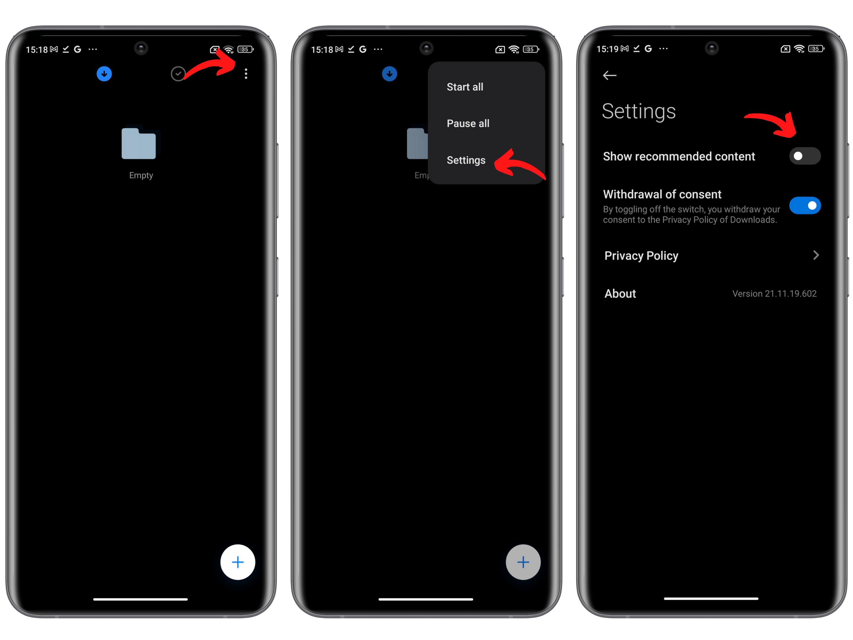 Screenshots on how to disable Mi Files ads