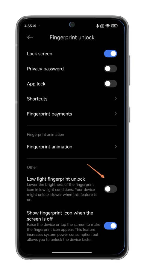 HyperOS screenshots on how to reduce the brightness of the fingerprint reader.