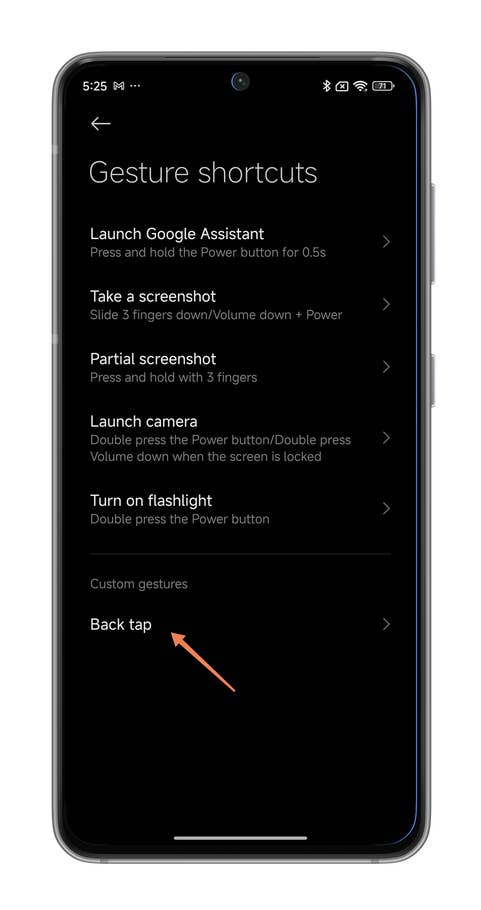 HyperOS screenshots on enabling the Back Tap shortcut.