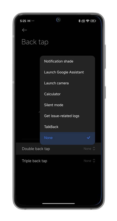 HyperOS screenshots on enabling the Back Tap shortcut.
